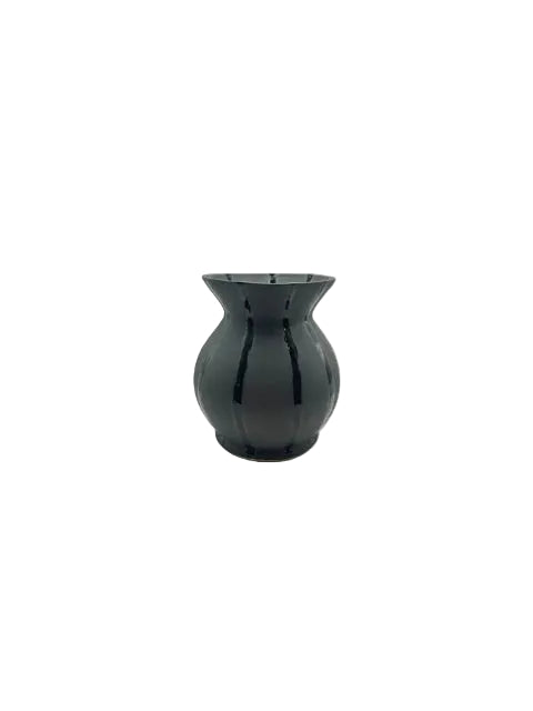 Studio-made obsidian-black striped ceramic vessel with flared rim, front view on white