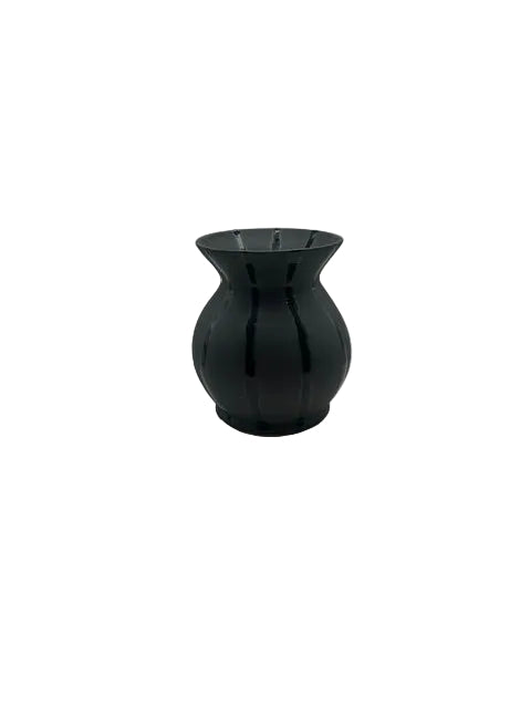 Studio-made obsidian-black striped ceramic vessel, front view on white background