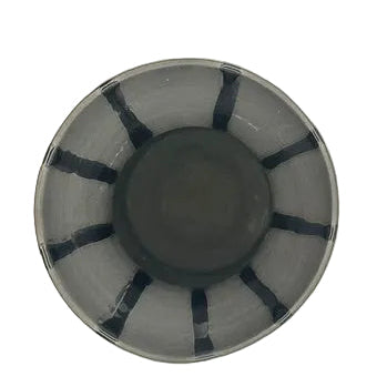 Top view into the black striped ceramic vessel showing its open mouth and interior