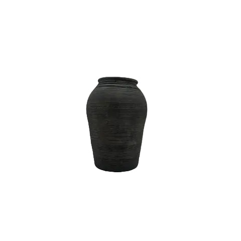 Studio-made black matte ginger-jar ceramic vase with ribbed body and rounded shoulders, front view