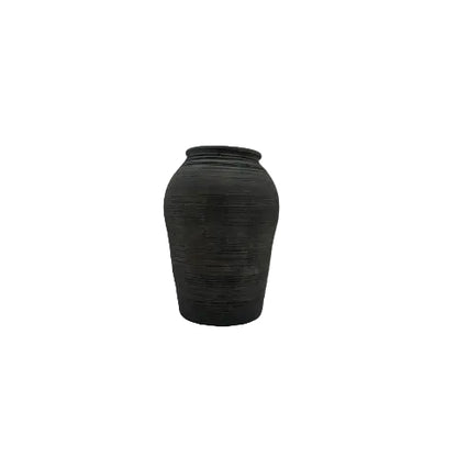 Studio-made black matte ginger-jar ceramic vase with ribbed body and rounded shoulders, front view
