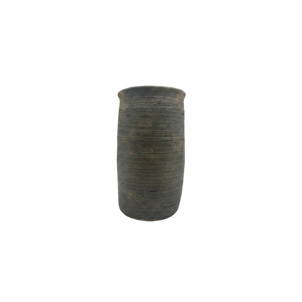 Studio-made black matte ribbed ceramic medium vase, tall cylindrical form, front view