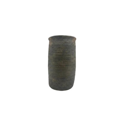 Studio-made black matte ribbed ceramic medium vase, tall cylindrical form, front view