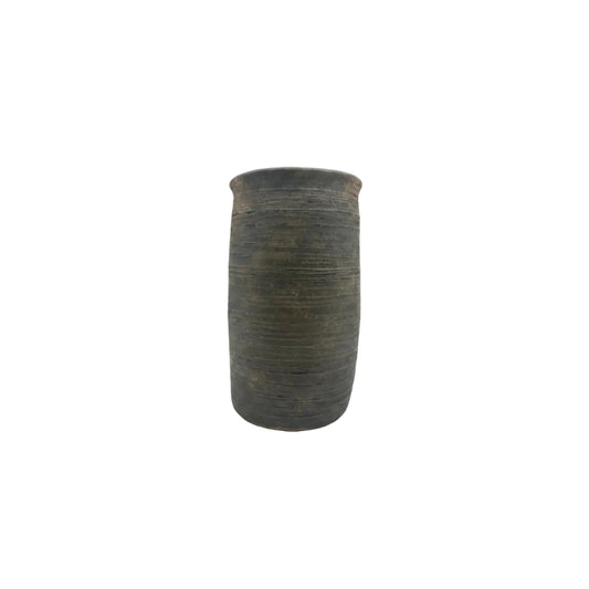 Studio-made black matte ribbed ceramic medium vase, tall cylindrical form, front view