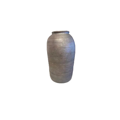 Studio-made grey ribbed ceramic tall vase with tapered shoulder, front view