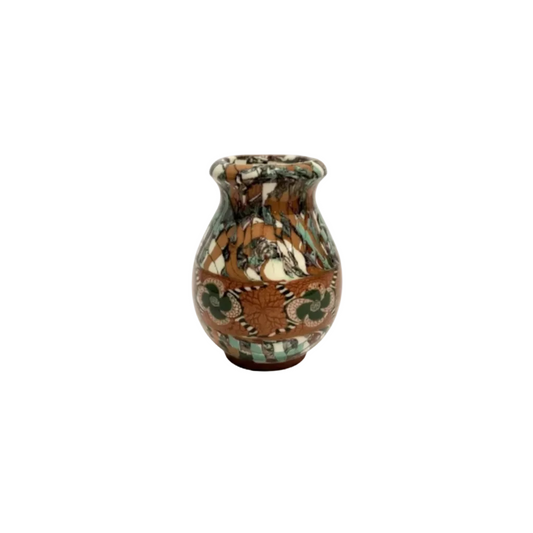 Decorative MCM French brown and green clay mosaic ceramic vase with floral patterns on a white background
