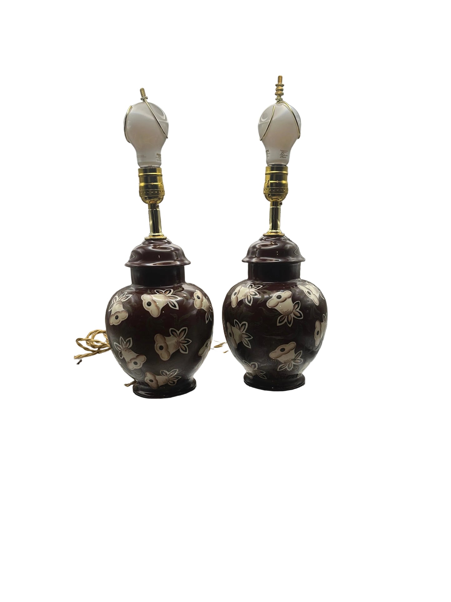 Vintage Brown Ceramic Ginger Jar Table Lamps, Pair, Rewired