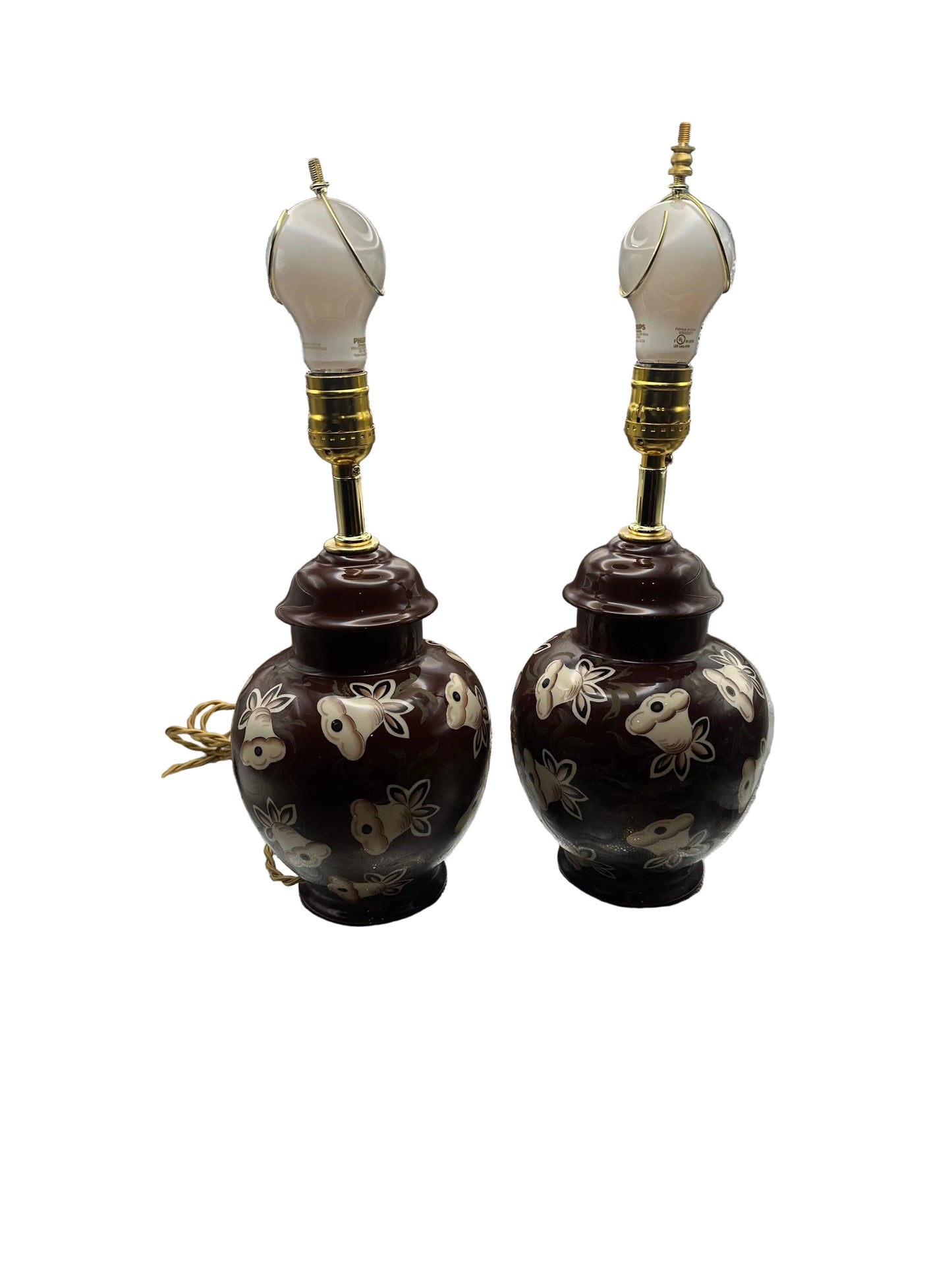 Vintage Brown Ceramic Ginger Jar Table Lamps, Pair, Rewired