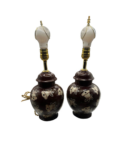 Vintage Brown Ceramic Ginger Jar Table Lamps, Pair, Rewired
