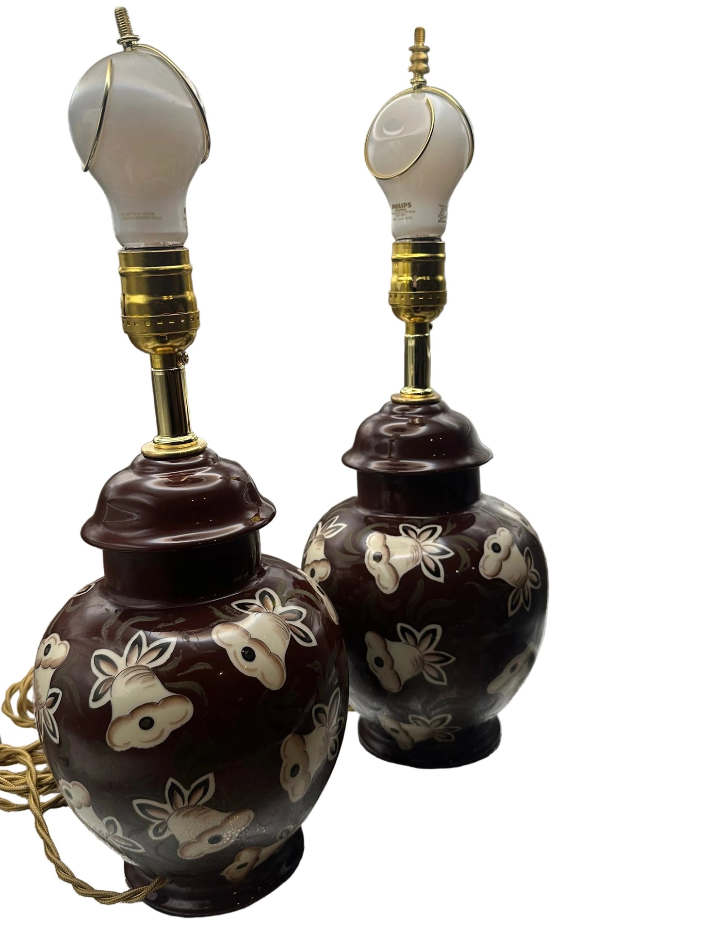 Vintage Brown Ceramic Ginger Jar Table Lamps, Pair, Rewired