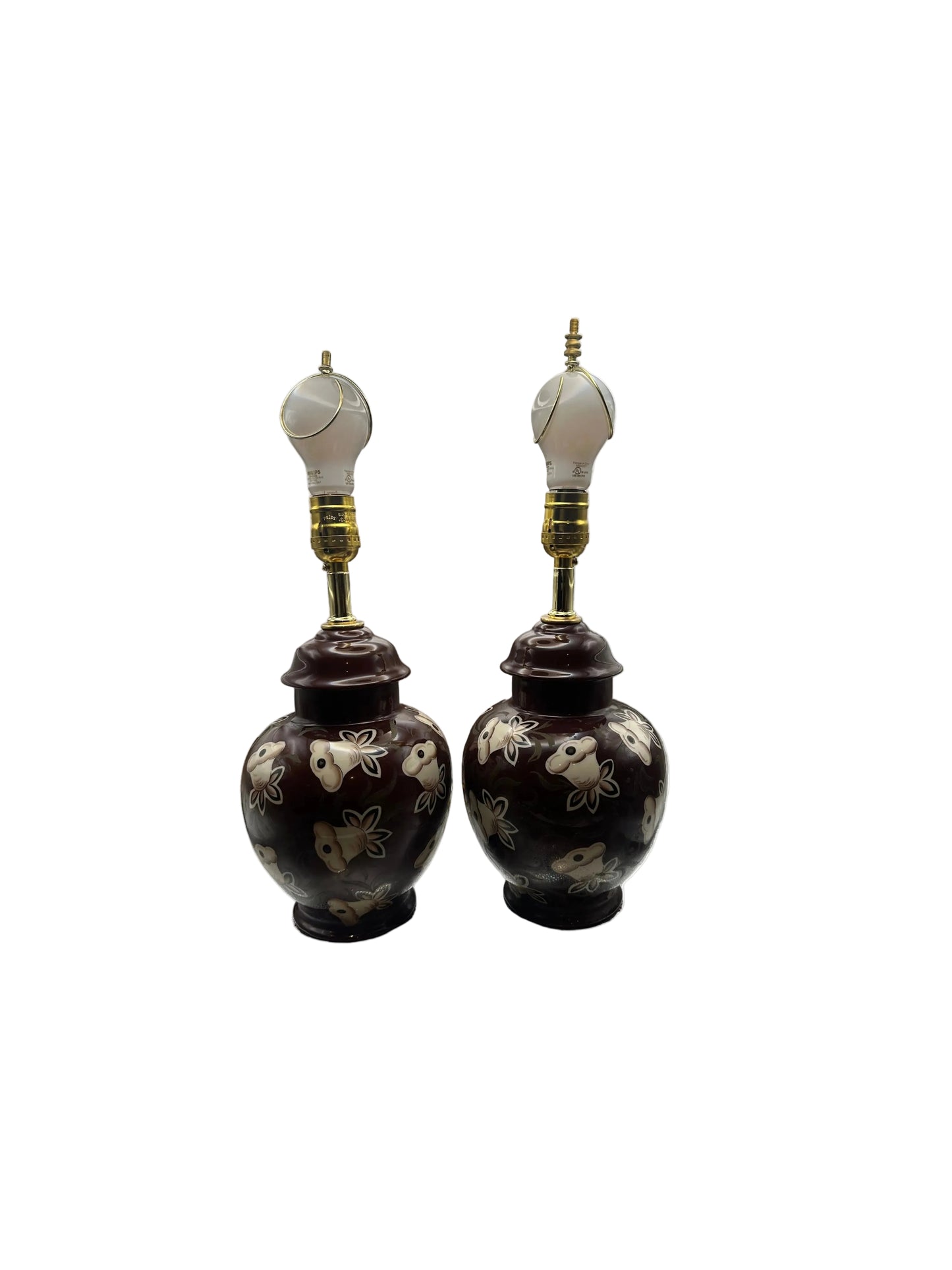 Vintage Brown Ceramic Ginger Jar Table Lamps, Pair, Rewired