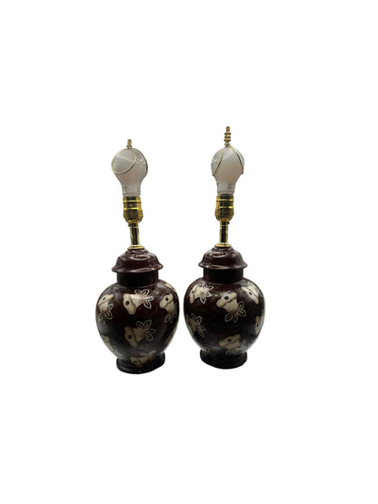 Vintage Brown Ceramic Ginger Jar Table Lamps, Pair, Rewired