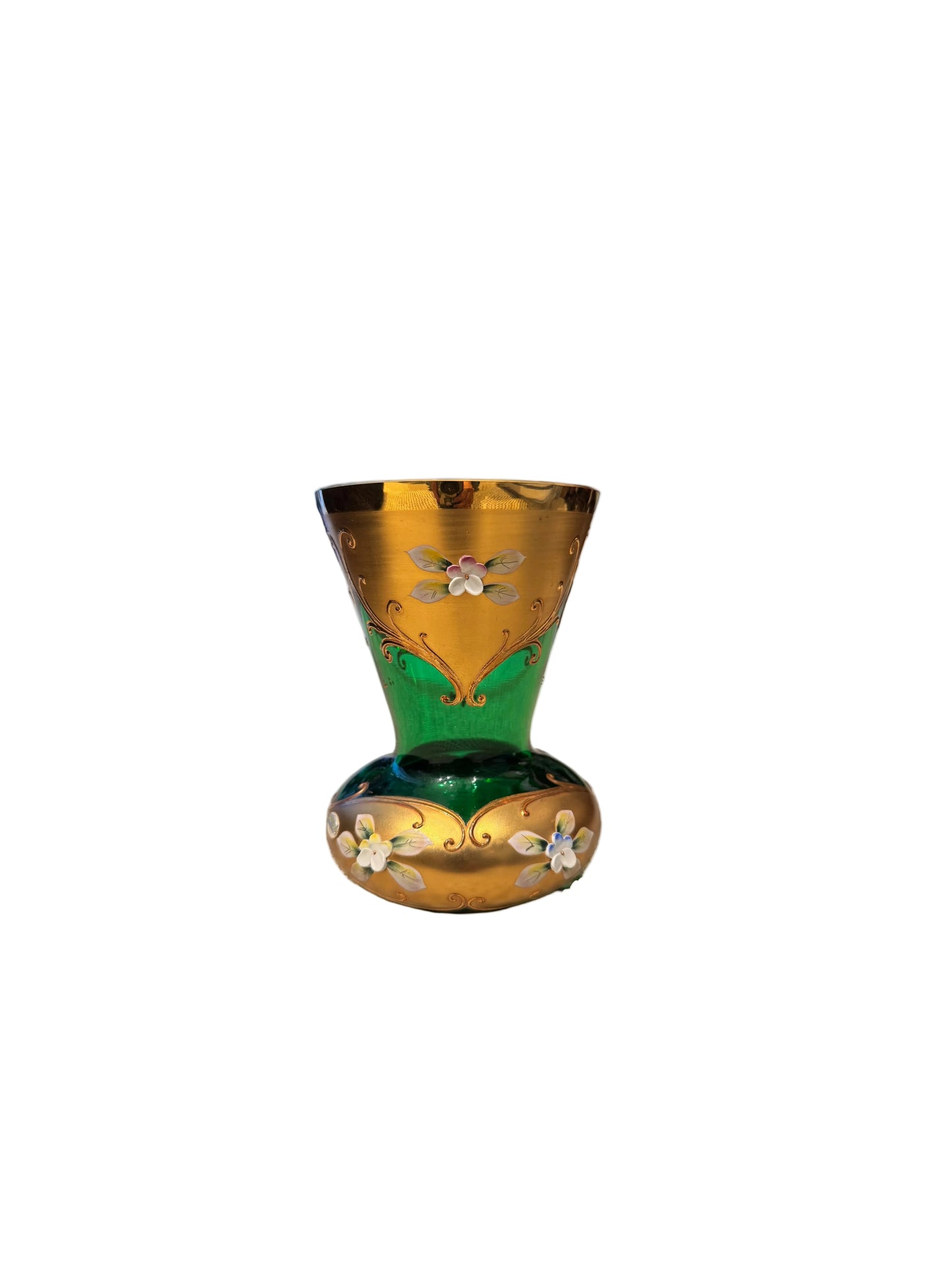 Vintage Bohemian emerald green glass vase with gilt bands and raised enamel flowers, flared rim, front view