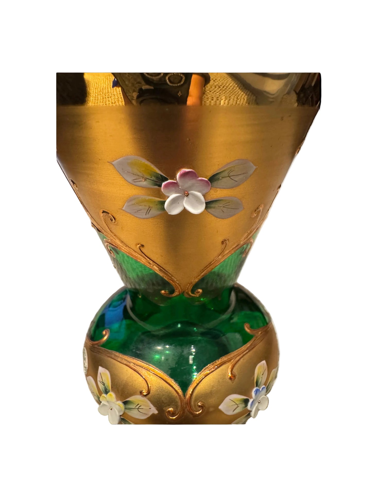 Close-up of the vase's upper body with raised pink and white enamel flowers and gilt scrollwork
