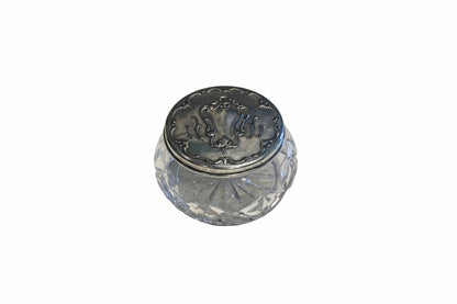 Gorham vintage crystal and silver dresser jar, closed with scrolled Art Nouveau cartouche silver lid.