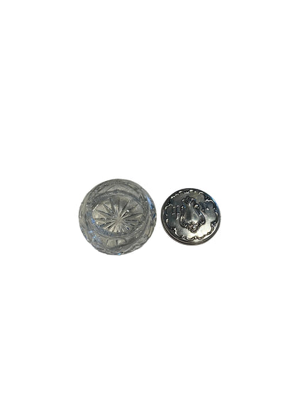 Gorham vintage crystal and silver dresser jar, open body beside the scrolled cartouche silver lid.