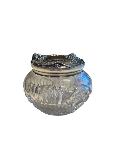 Antique cut-crystal dresser jar with Art Nouveau sterling silver lid, front view