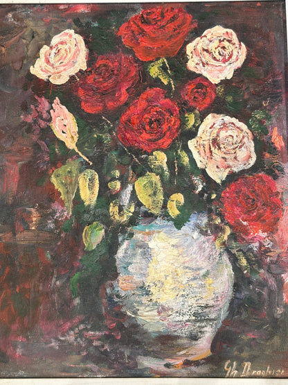 Vintage Framed Oil on Board, Still Life with Roses