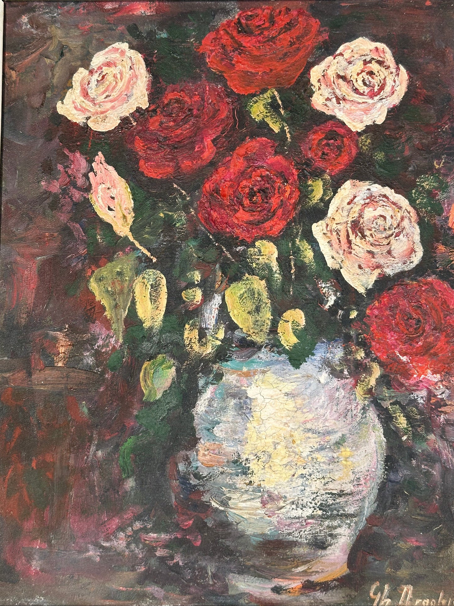 Vintage Framed Oil on Board, Still Life with Roses