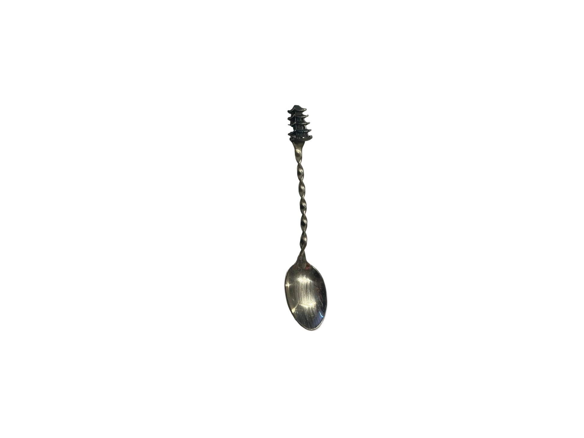 Sterling silver pagoda demitasse spoon, vertical view with dark patinated pagoda finial and twisted handle.