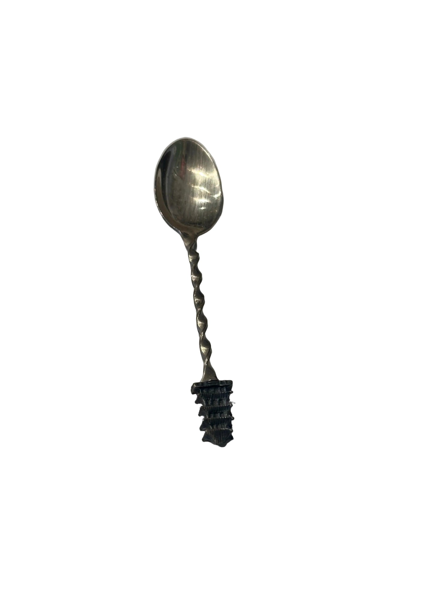 Sterling silver pagoda demitasse spoon, bowl-up view with twisted stem and tiered pagoda finial.