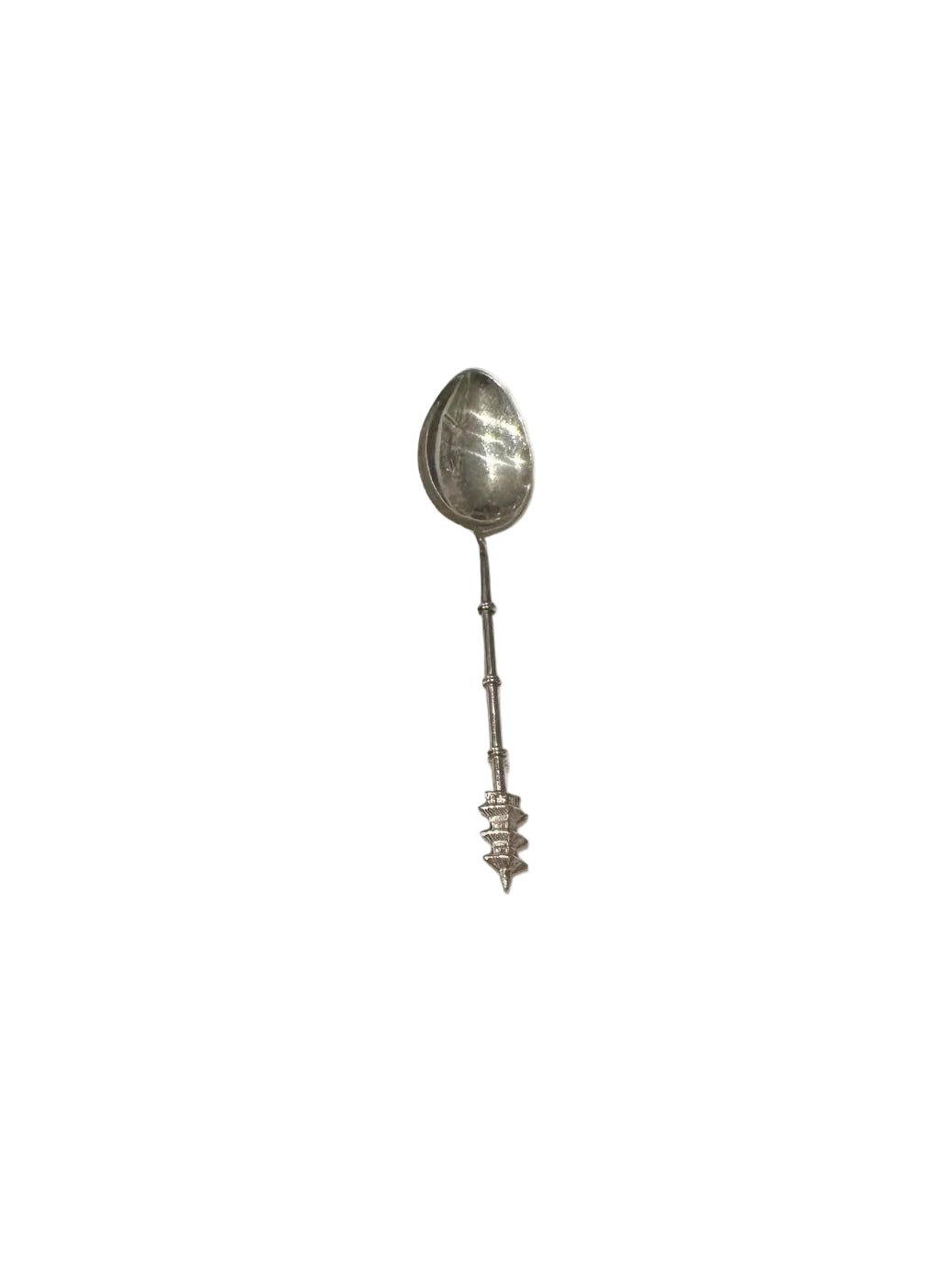 Sterling silver pagoda demitasse spoon, vertical full view with bamboo handle and pagoda finial.