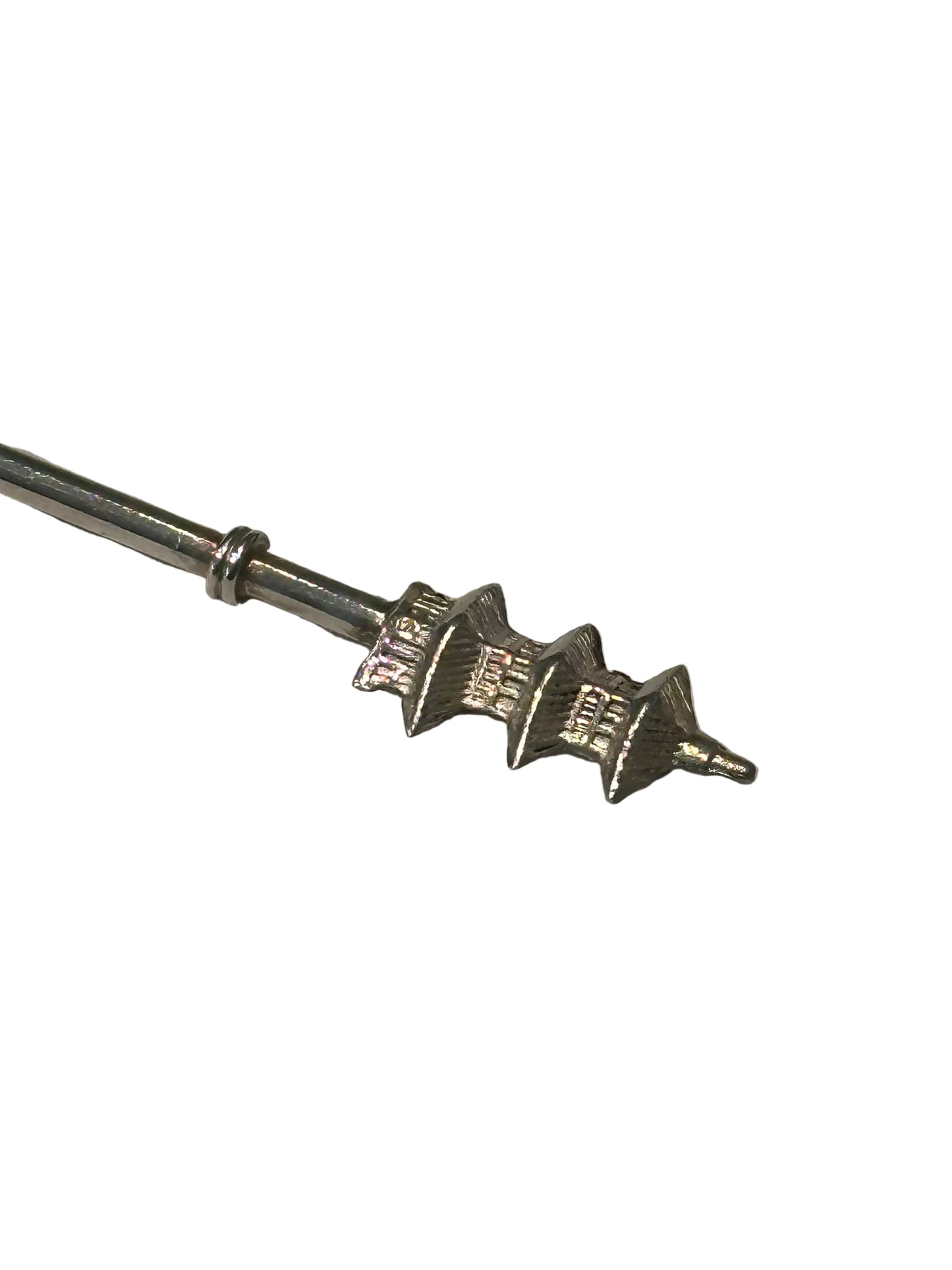 Sterling silver pagoda demitasse spoon, close-up of the tiered pagoda finial and bamboo-motif stem.
