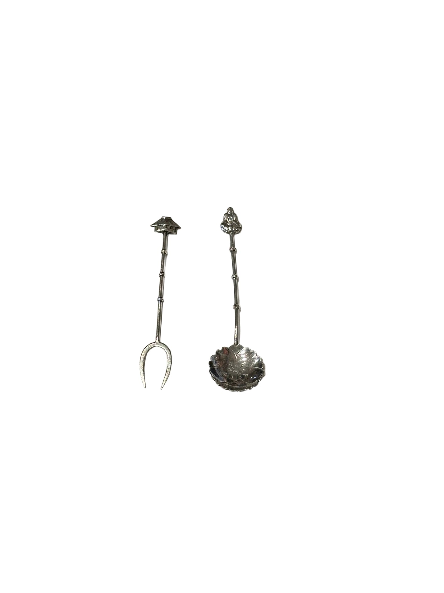 Vintage sterling silver Asian-inspired bamboo cocktail fork and demitasse spoon set