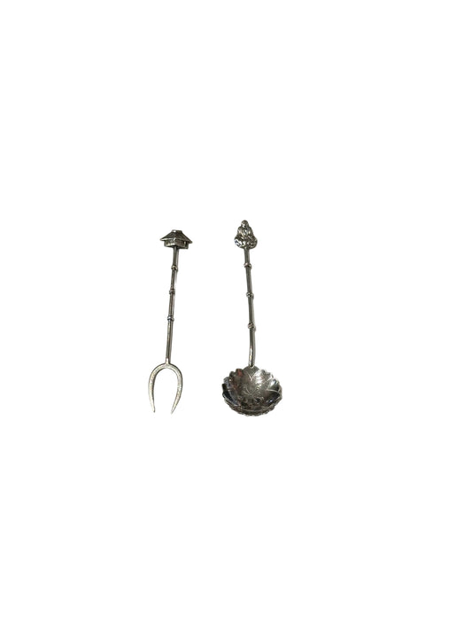 Vintage sterling silver Asian-inspired bamboo cocktail fork and demitasse spoon set
