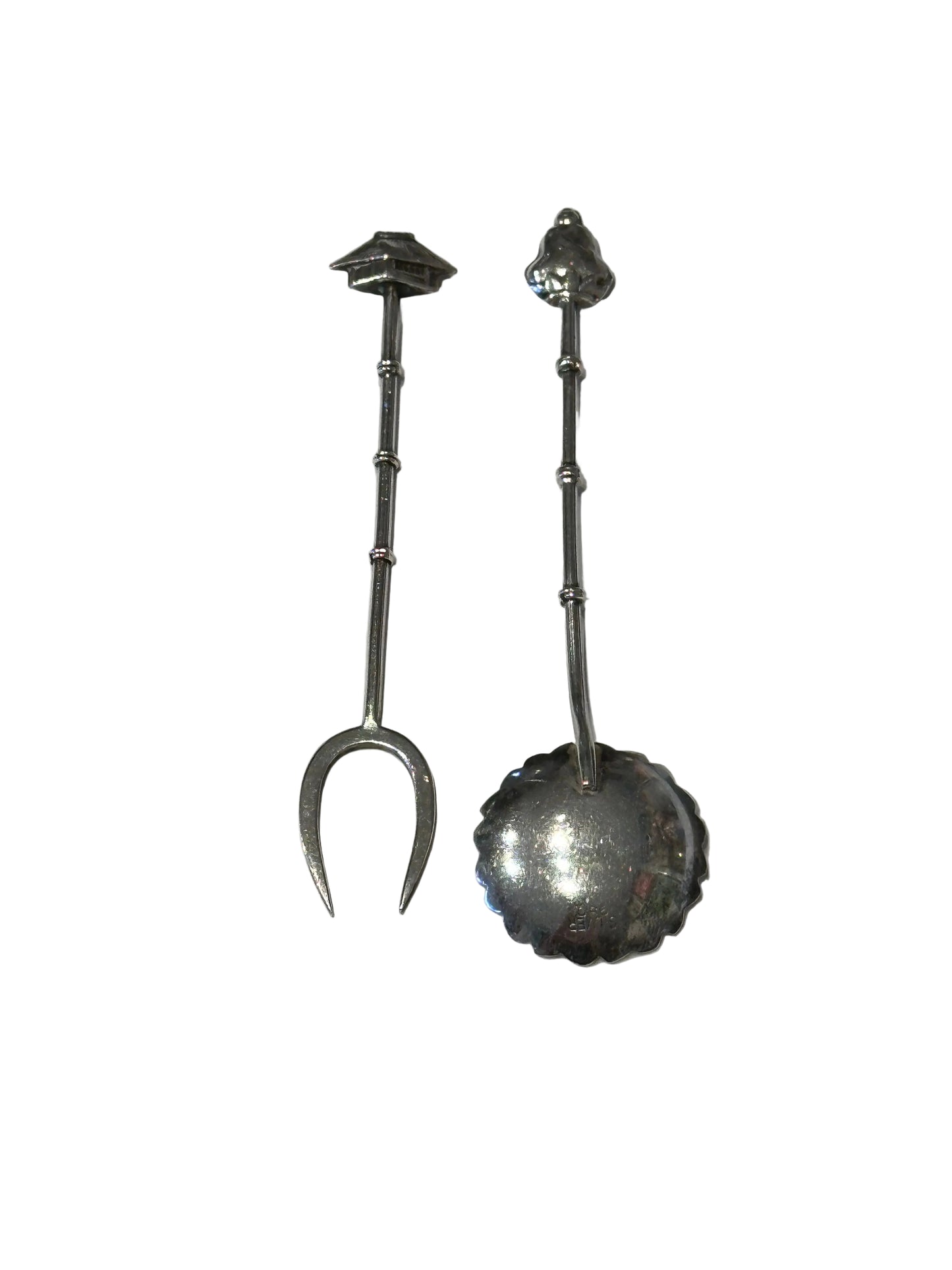 Sterling cocktail fork and demitasse spoon with engraved floral bowl and bamboo stems