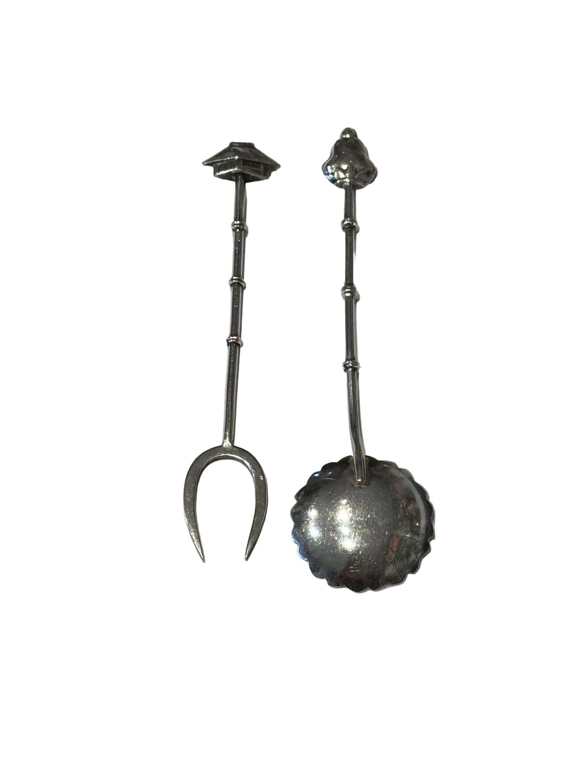 Sterling cocktail fork and demitasse spoon with engraved floral bowl and bamboo stems