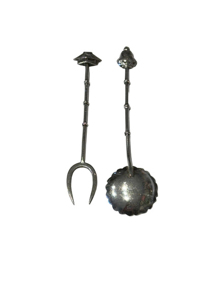 Sterling cocktail fork and demitasse spoon with engraved floral bowl and bamboo stems