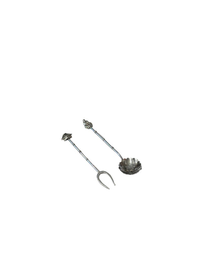 Sterling silver cocktail fork and floral-bowl demitasse spoon with bamboo-form handles, angled