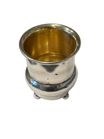 Vintage silver plate footed toothpick holder with gilt interior, urn shape, front view