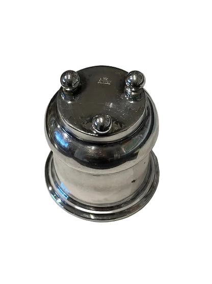 Underside view of inverted toothpick holder showing three ball feet and hallmarks