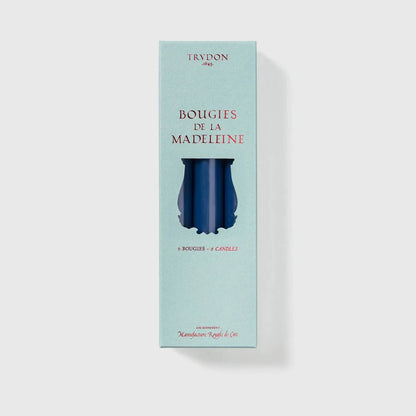 Trudon Bougies de la Madeleine box in pale aqua holding six navy blue taper candles