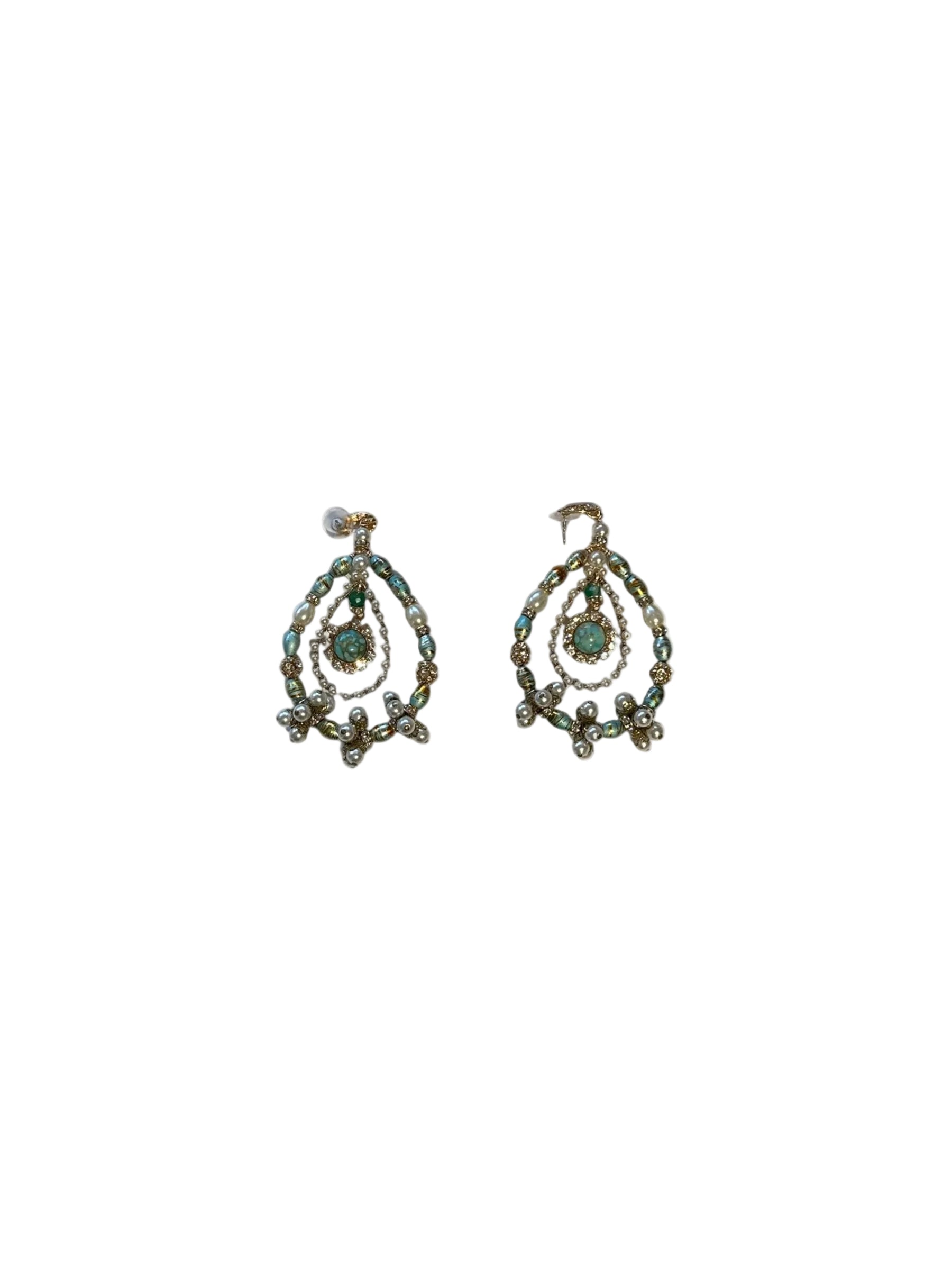 Pair of boho chandelier earrings with turquoise beads, pearls and a central marbleized turquoise stone