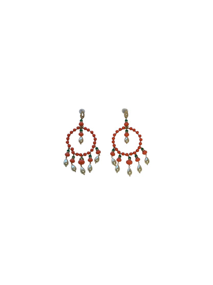 Pair of hoop earrings with coral-colored beads, green accents and freshwater pearl teardrops
