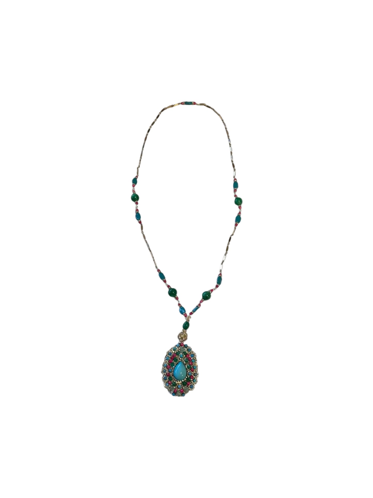 Pendant necklace with turquoise teardrop centerpiece on a beaded chain of green, red and turquoise stones