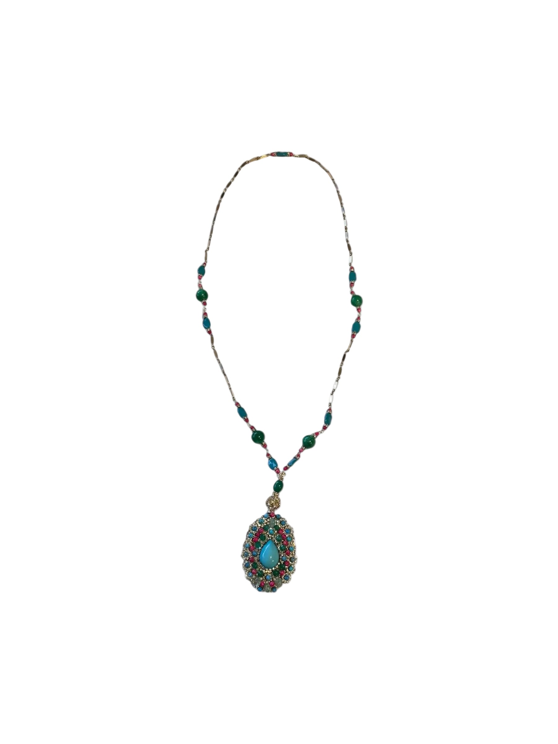 Pendant necklace with turquoise teardrop centerpiece on a beaded chain of green, red and turquoise stones