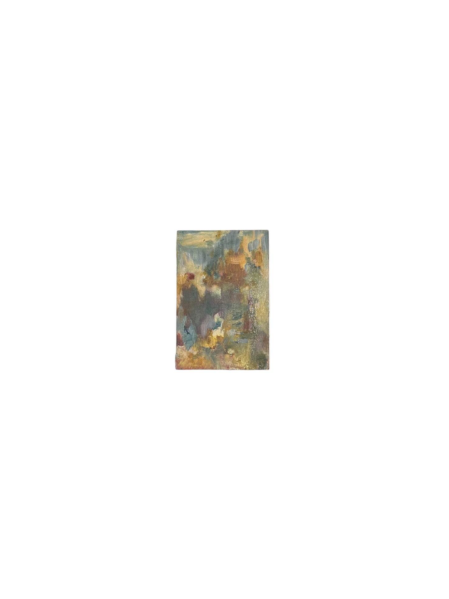 J.Dunn abstract oil-on-board painting in soft earth and grey-green tones on white