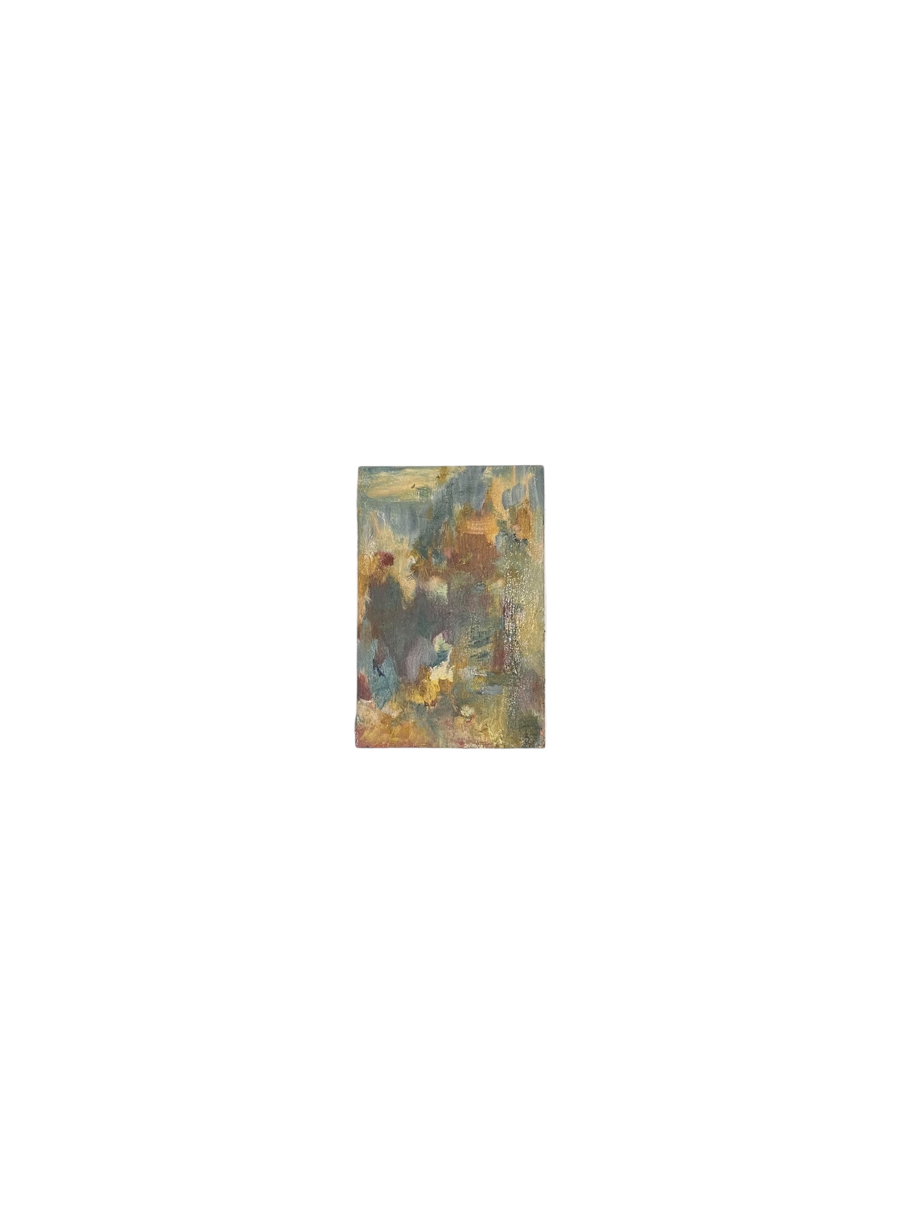 J.Dunn abstract oil-on-board painting in soft earth and grey-green tones on white