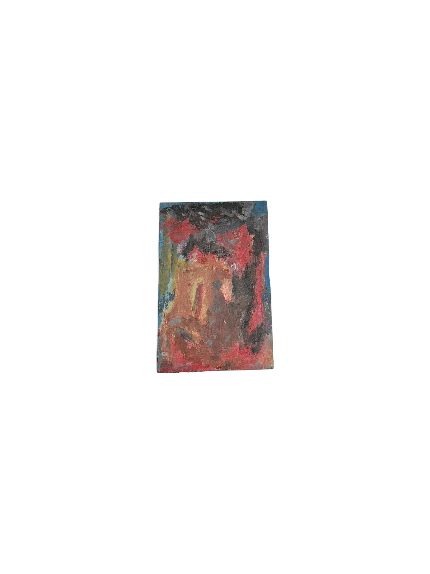 J.Dunn oil-on-board portrait of a face in red and brown, angled view on white