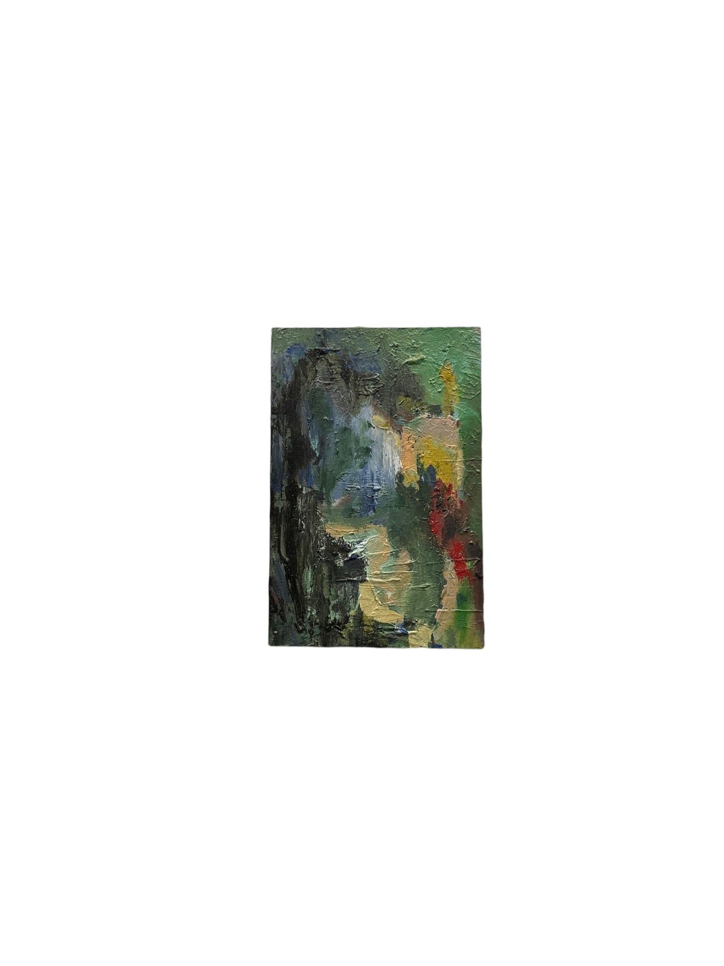 Oil on board abstract by J. Dunn in dark greens with blue and red, alternate front view of the small painting.