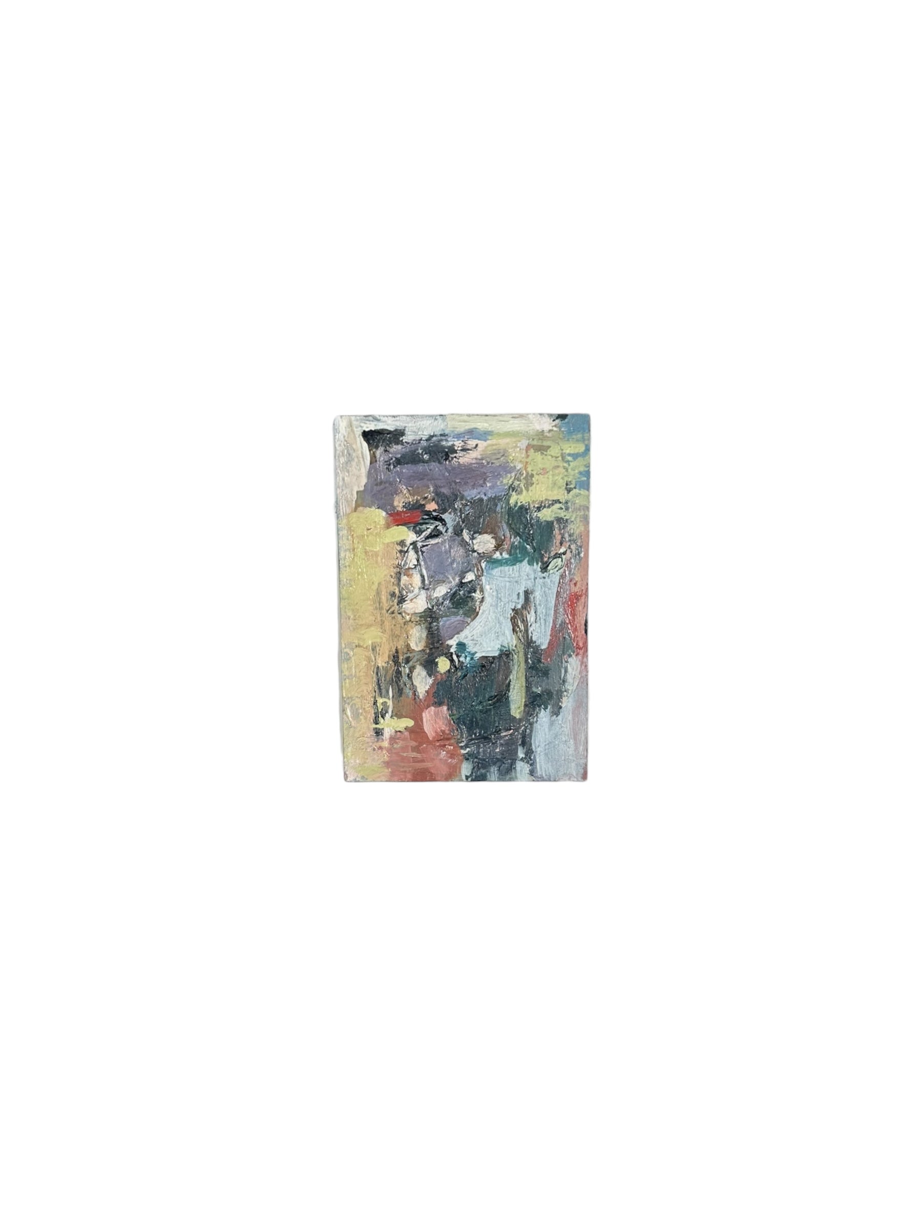 Oil on board abstract by J. Dunn in purple, olive and blue tones, alternate front view of the small painting.