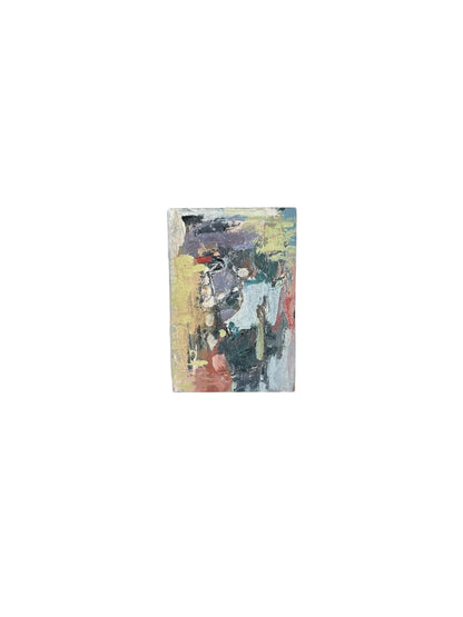Oil on board abstract by J. Dunn in purple, olive and blue tones, alternate front view of the small painting.