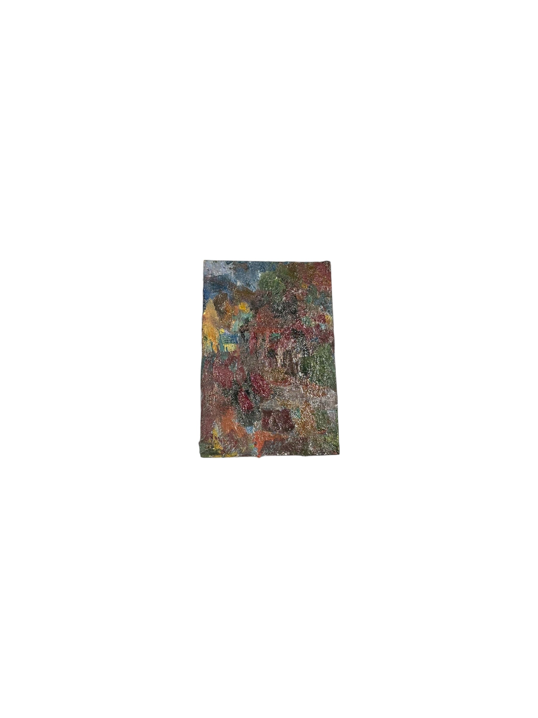Oil on board abstract by J. Dunn in rich reds, greens and blues, front view of the textured small painting.