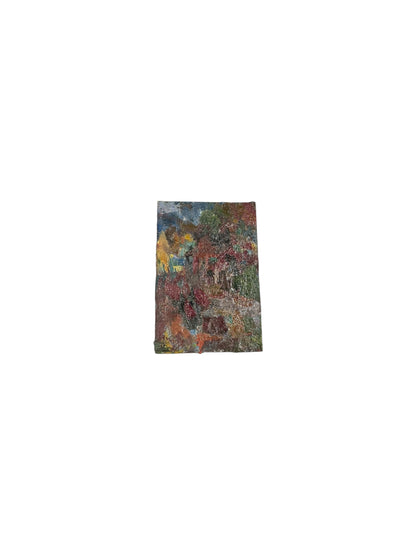 Oil on board abstract by J. Dunn in rich reds, greens and blues, front view of the textured small painting.
