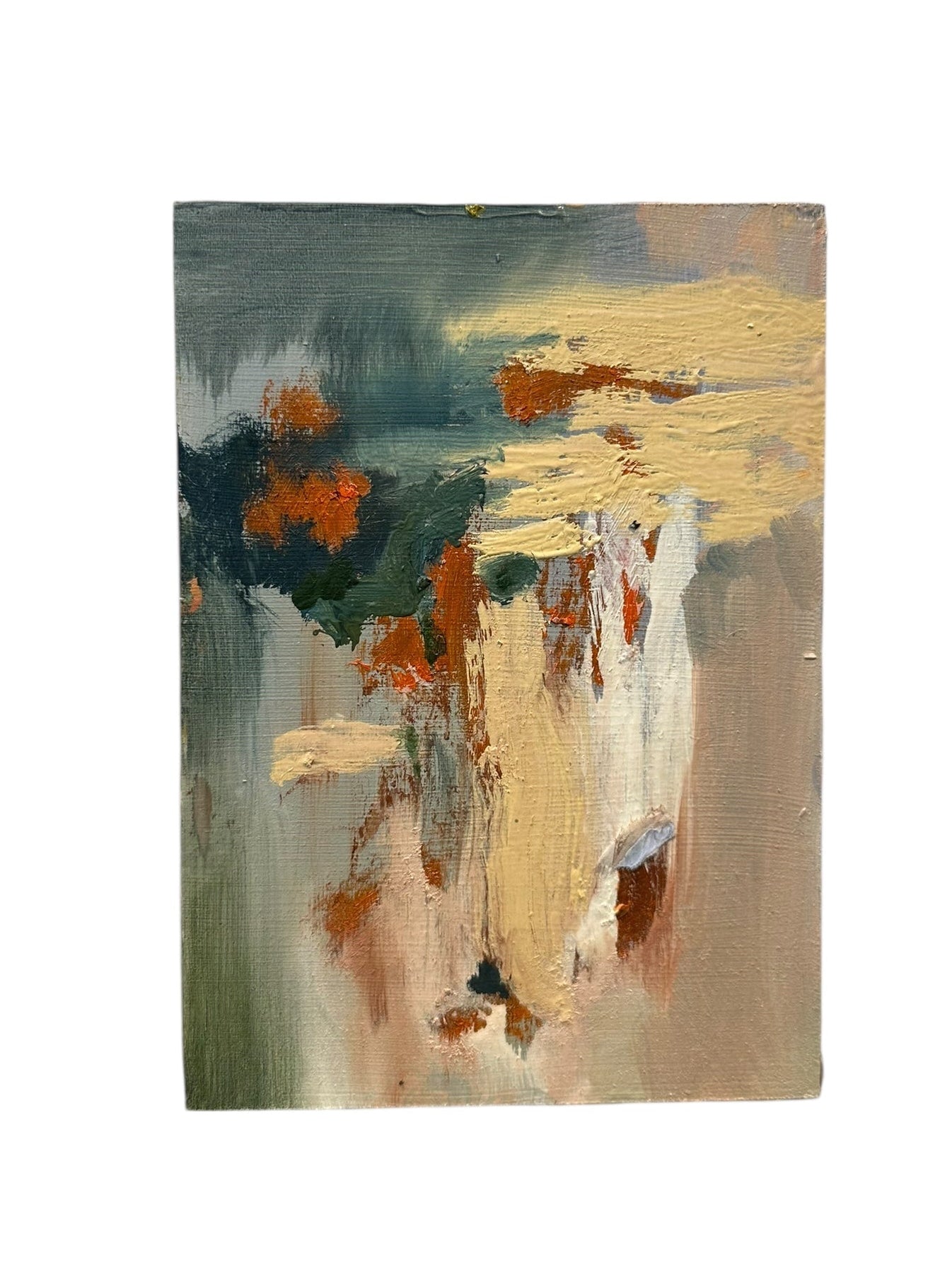 Oil on board abstract by J. Dunn, soft teal-grey ground with cream impasto and rust-orange accents, front view.