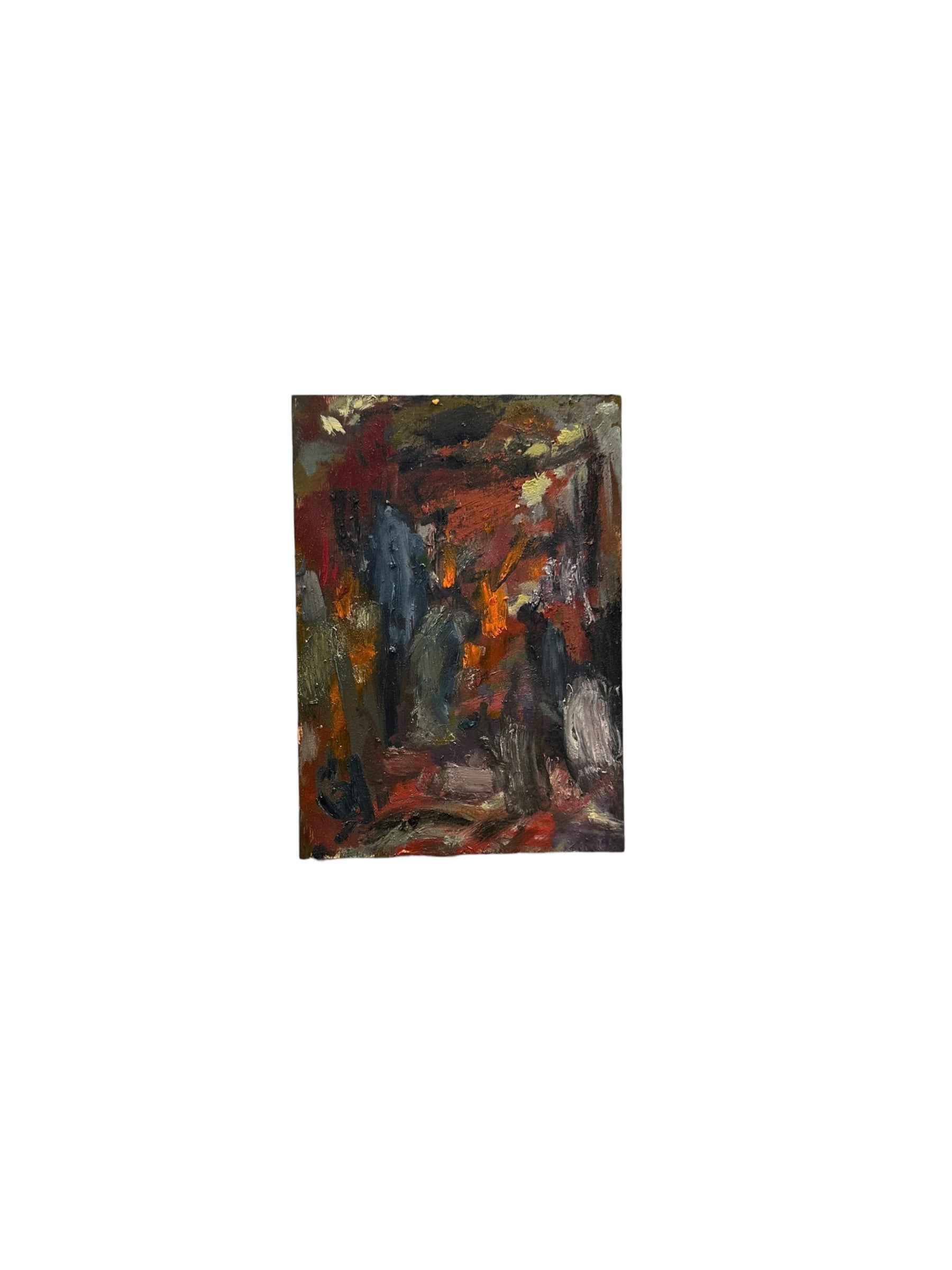 Oil on board abstract by J. Dunn in reds and orange with blue forms, viewed at an angle showing texture.